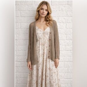 CHRISTOPHER & BANKS Open Knit Crochet Cardigan Sweater Taupe Womens Size Large